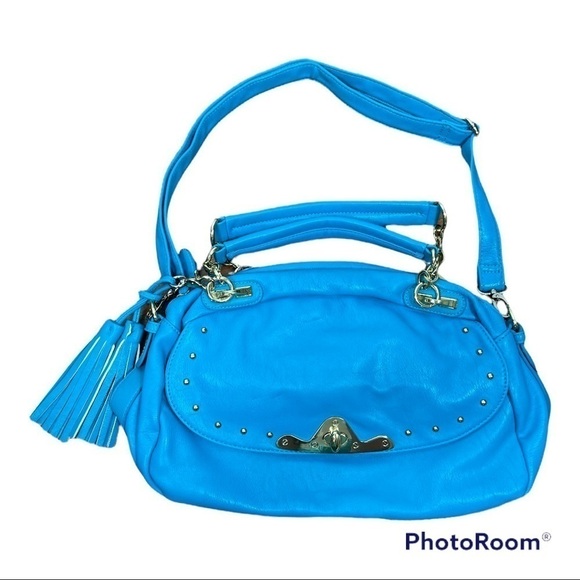 Galian Bright Blue Shoulder Bag with Gold Tone Trim and Tassels - Picture 1 of 8